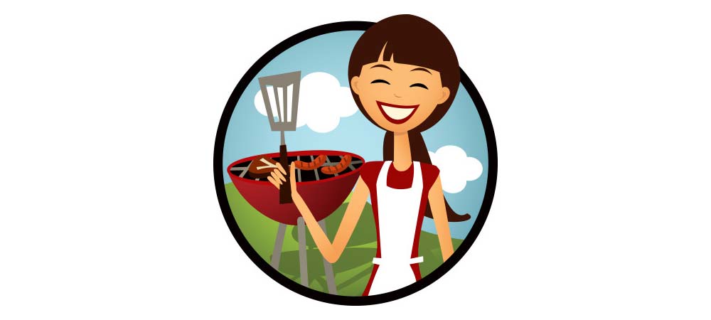 Animation of woman smiling holding a spatula in front of a grill